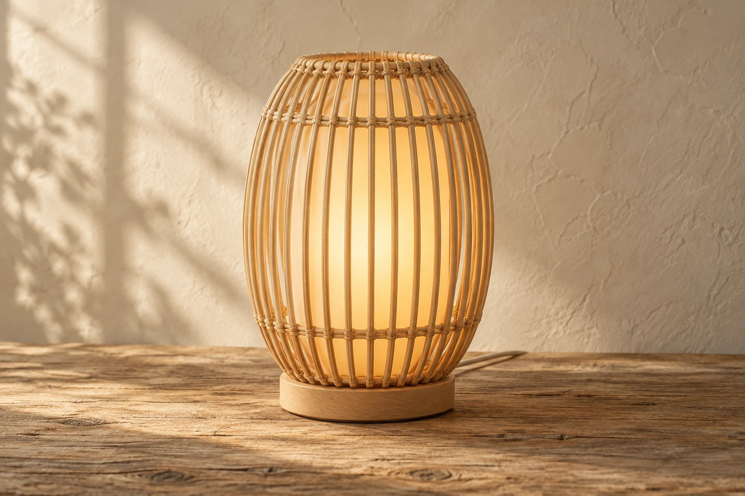 Sora Oval rattan lamp on a warm wooden surface